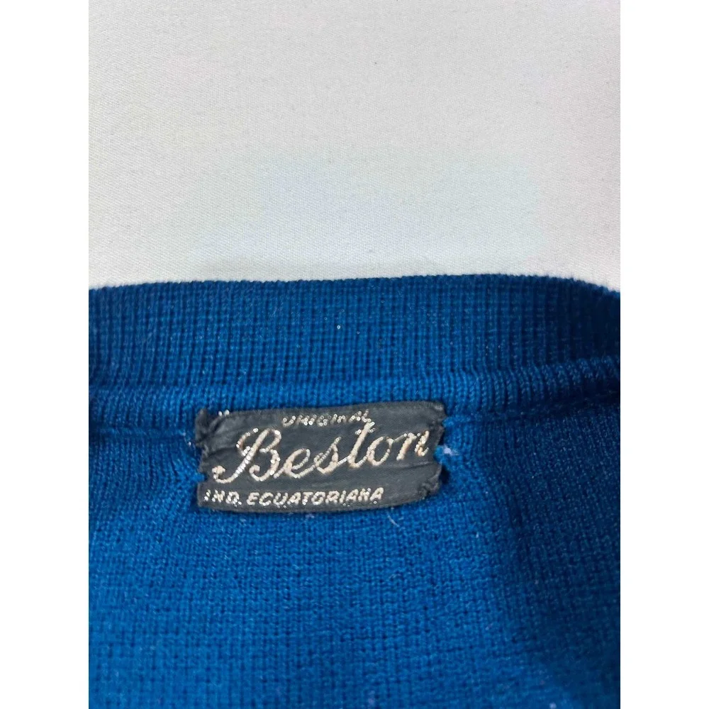 Vintage Beston Blue White Striped Cardigan Sweater V-Neck Button Front Mens M